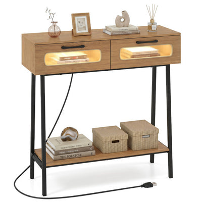 Console Table with LED Lights and Open Shelf for Hallway Entrance-Natural