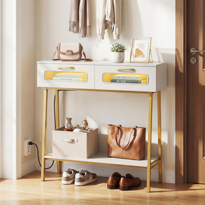 Console Table with LED Lights and Open Shelf for Hallway Entrance-White