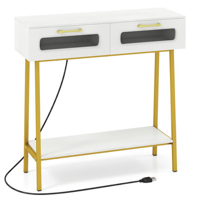 Console Table with LED Lights and Open Shelf for Hallway Entrance-White