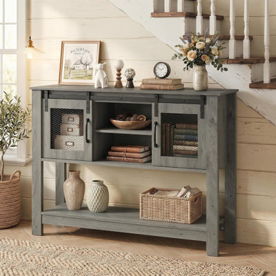 Console Table with Sliding Barn Doors and Storage Cabinets-Gray
