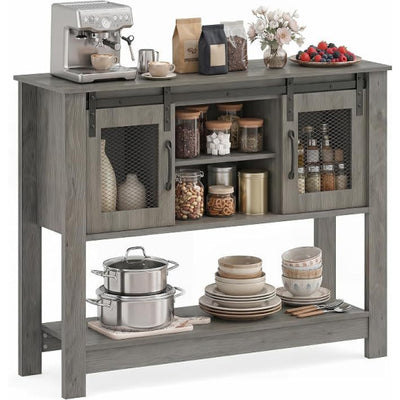 Console Table with Sliding Barn Doors and Storage Cabinets-Gray
