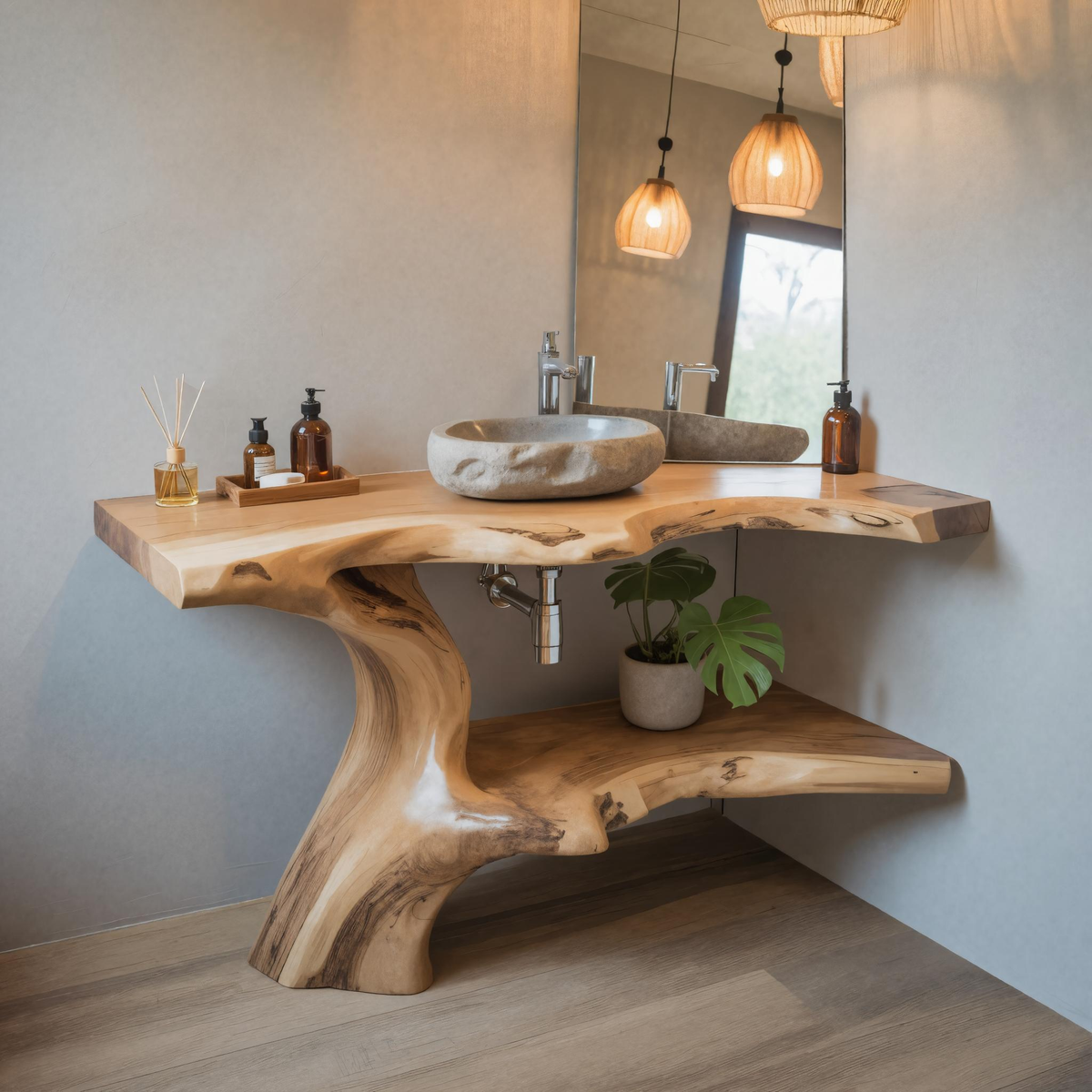 Contemporary Live Edge Solid Wood Freestanding Bathroom Vanity with Shelves