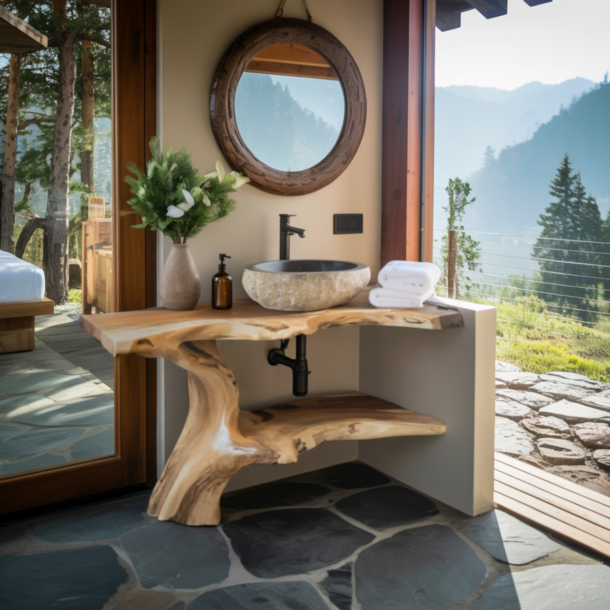 Contemporary Live Edge Solid Wood Freestanding Bathroom Vanity with Shelves