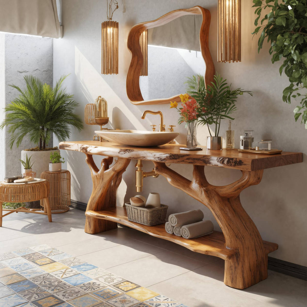 Contemporary Rustic Solid Wood Freestanding Bathroom Vanity with Shelves