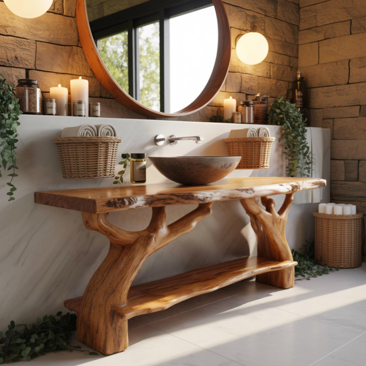 Contemporary Rustic Solid Wood Freestanding Bathroom Vanity with Shelves