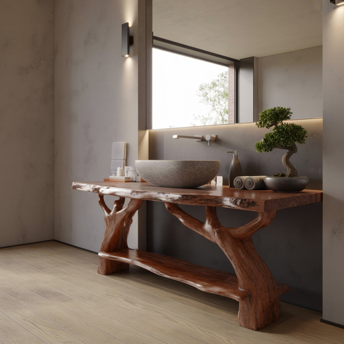 Contemporary Rustic Solid Wood Freestanding Bathroom Vanity with Shelves