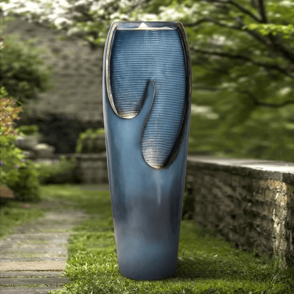 Concrete Turquoise Cracked Jar Outdoor Fountain 38 Inch