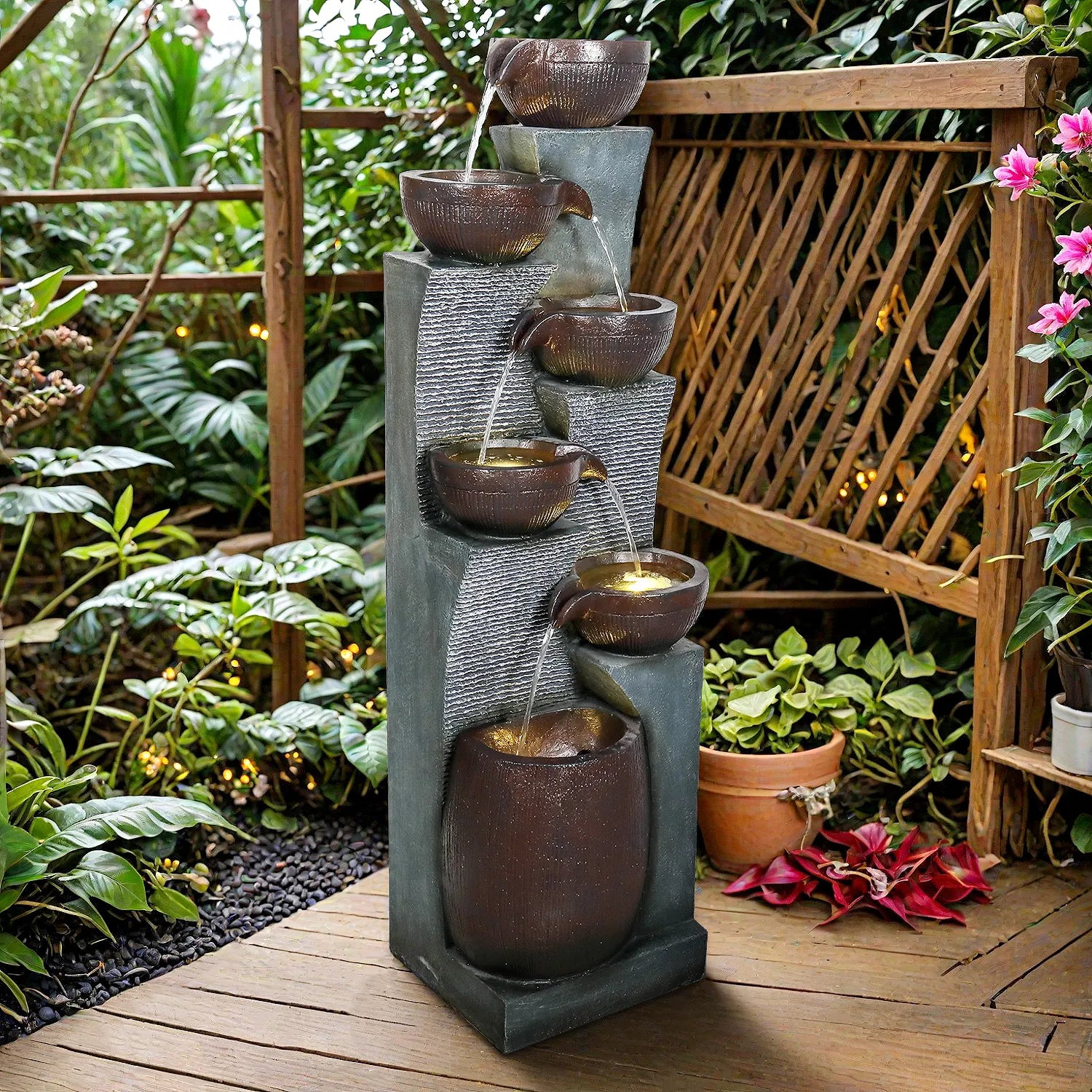 Resin 6 Tier Outdoor Water Fountain Pottery Bowls 53 in