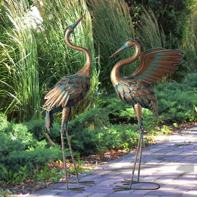 Copper Metal Crane Garden Statue Set