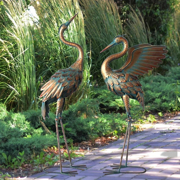 Copper Metal Crane Garden Statue Set