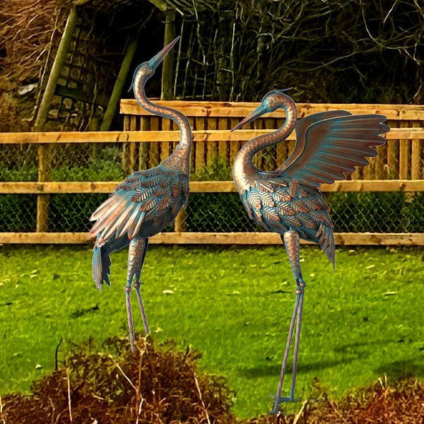 Copper Metal Crane Garden Statue Set