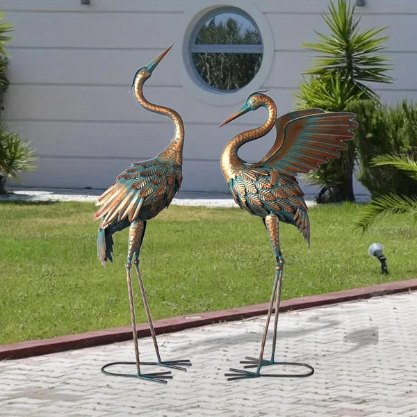 Copper Metal Crane Garden Statue Set