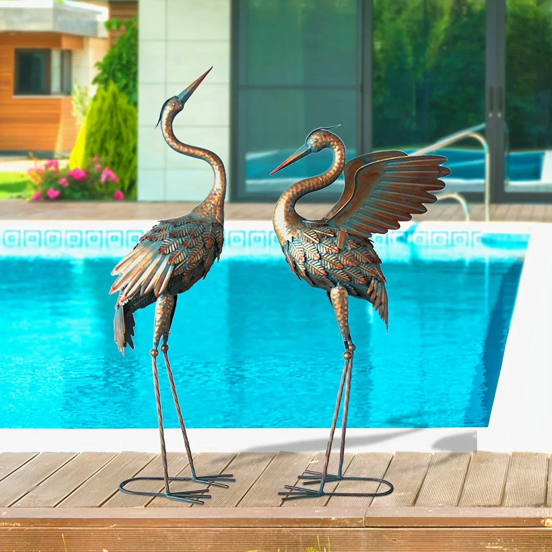 Copper Metal Crane Garden Statue Set
