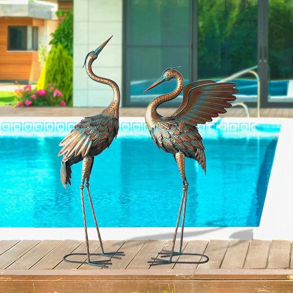 Copper Metal Crane Garden Statue Set
