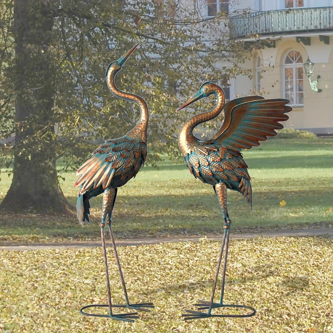 Copper Metal Crane Garden Statue Set