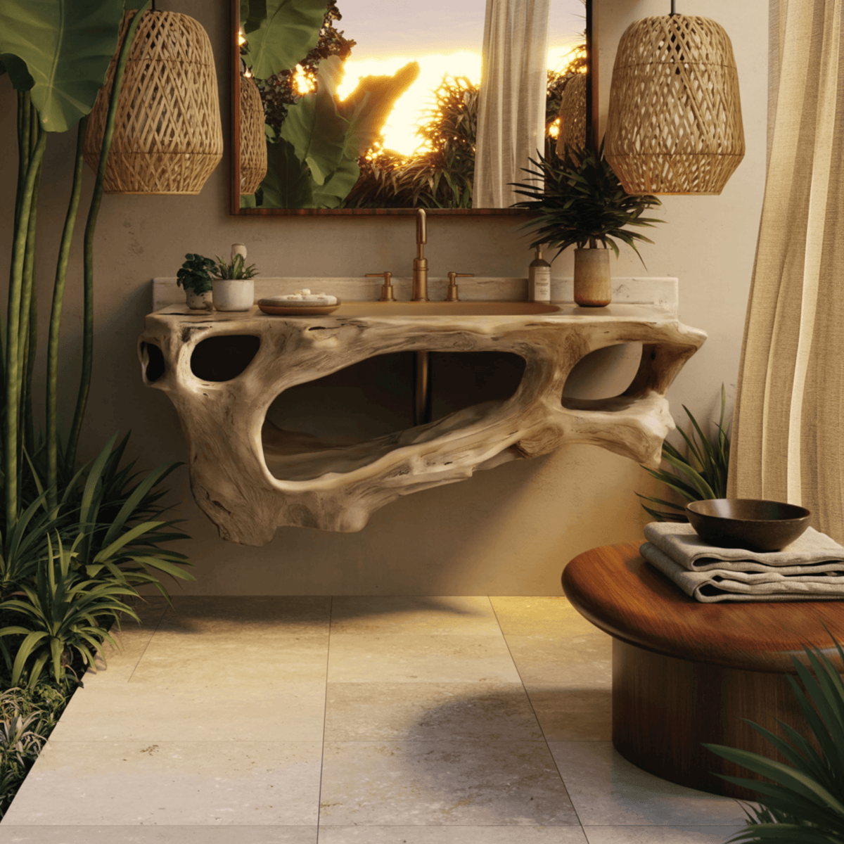 Coralform Natural Wood Floating Bathroom Vanity with Open Storage