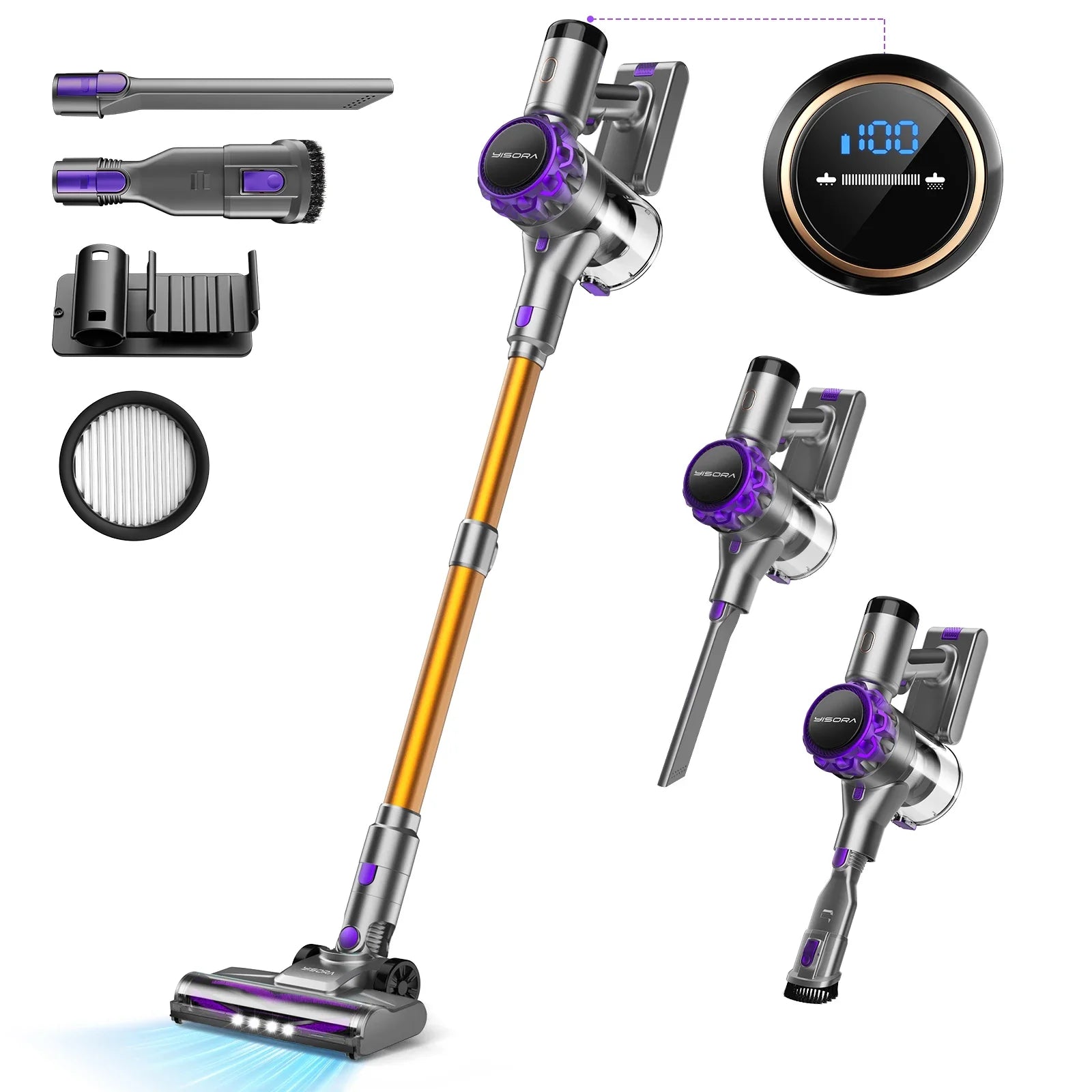 Cordless vacuum cleaner with 30Kpa suction, 55-minute runtime, and multiple attachments for versatile home cleaning. Ideal for carpets and hard floors.