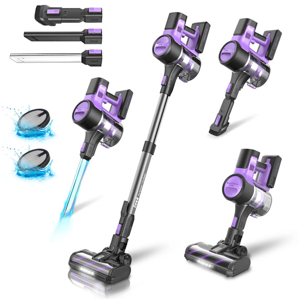 Cordless Vacuum Cleaner, 6-in-1 Stick Vacuum with 30Kpa 350W Suction shown in multiple configurations with accessories for versatile cleaning.