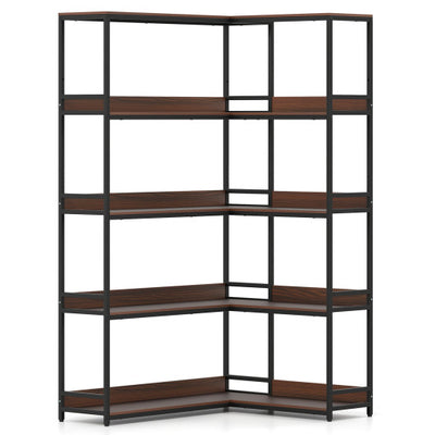 Corner Bookshelf 5-Tier L-Shaped Bookcase Etagere Bookshelf with Metal Frame-Walnut