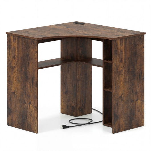Corner Computer Desk Triangle Home Office Desk with Adjustable Shelf and Arc-Shaped Profile-Rustic Brown