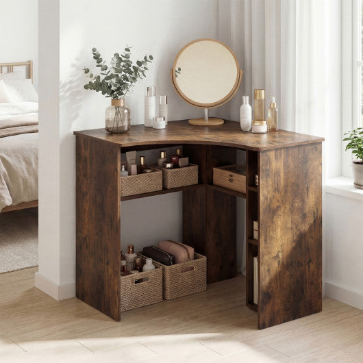 Corner Computer Desk Triangle Home Office Desk with Adjustable Shelf and Arc-Shaped Profile-Rustic Brown