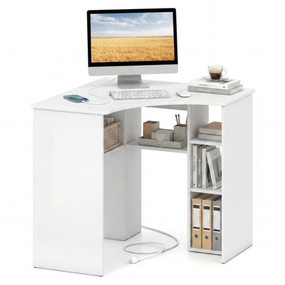 Corner Computer Desk Triangle Home Office Desk with Adjustable Shelf and Arc-Shaped Profile-White
