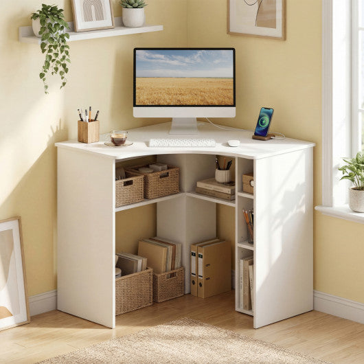 Corner Computer Desk Triangle Home Office Desk with Adjustable Shelf and Arc-Shaped Profile-White