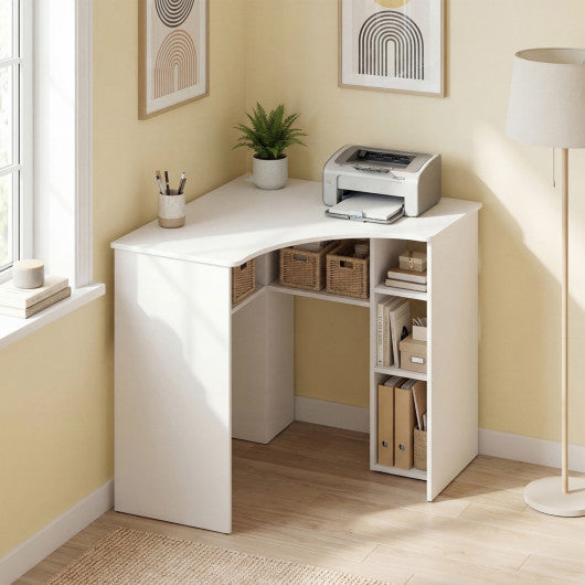 Corner Computer Desk Triangle Home Office Desk with Adjustable Shelf and Arc-Shaped Profile-White
