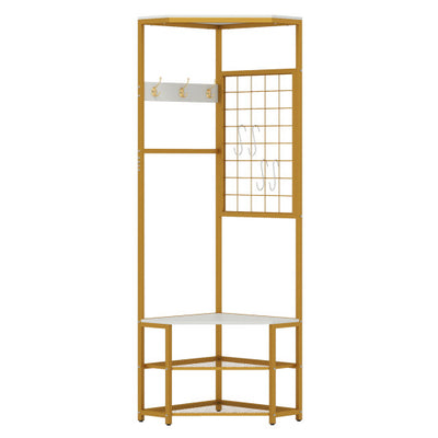Corner Hall Tree Freestanding Coat Rack with Storage Shelves Removable Hooks-White