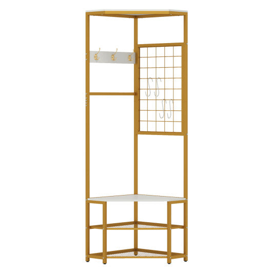 Corner Hall Tree Freestanding Coat Rack with Storage Shelves Removable Hooks-White