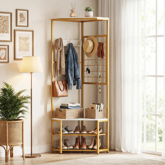 Corner Hall Tree Freestanding Coat Rack with Storage Shelves Removable Hooks-White