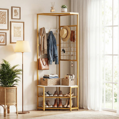 Corner Hall Tree Freestanding Coat Rack with Storage Shelves Removable Hooks-White