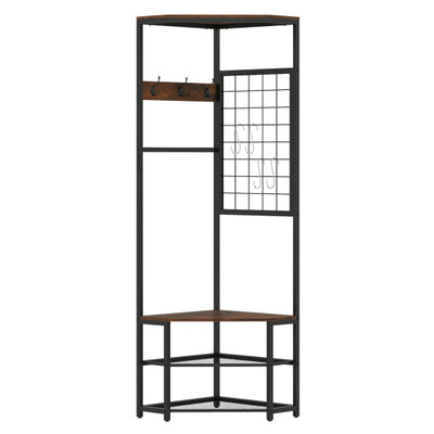 Corner Hall Tree Freestanding Coat Rack with Storage Shelves Removable Hooks-Brown