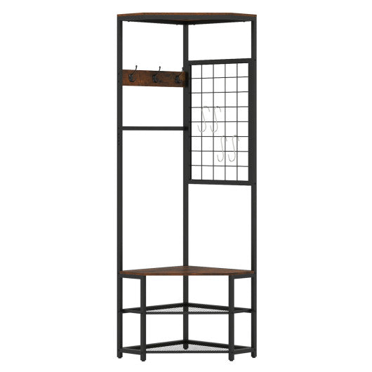 Corner Hall Tree Freestanding Coat Rack with Storage Shelves Removable Hooks-Brown