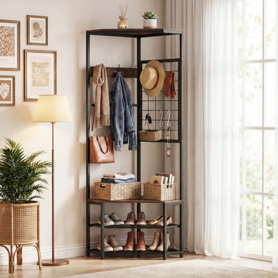 Corner Hall Tree Freestanding Coat Rack with Storage Shelves Removable Hooks-Brown