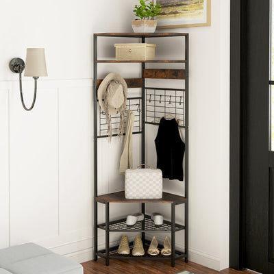 5-Tier Corner Hall Tree with Shoe Storage Bench-Rustic Brown