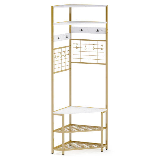 5-Tier Corner Hall Tree with Shoe Storage Bench-White