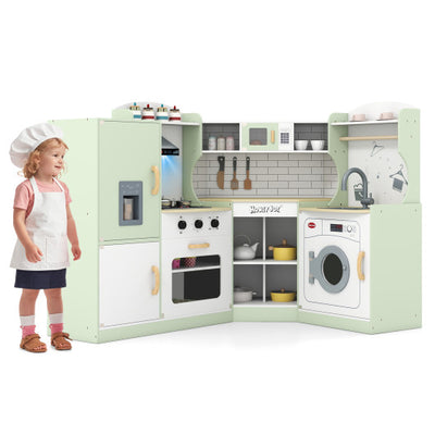 Corner Kids Play Kitchen with Washing Machine and Ice Maker Gift for Boys Girls-Green