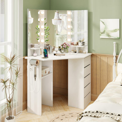 Corner Vanity Desk with 3-Color LED Lighted Mirror and Power Outlet-White
