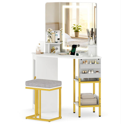 Corner Vanity Desk with Mirror and Lights Makeup Dressing Table with Triple Mirror-White