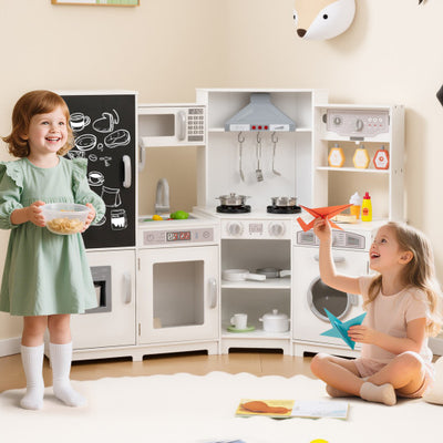 Corner Wooden Play Kitchen with Lights and Sounds Large Pretend Play Kitchen Set-White