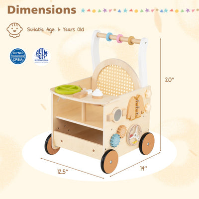 13-In-1 Toddler Wooden Push Walker with Wheels and Storage