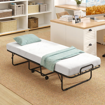 Cot Size Folding Bed Frame with Memory Foam Mattress and Metal Frame