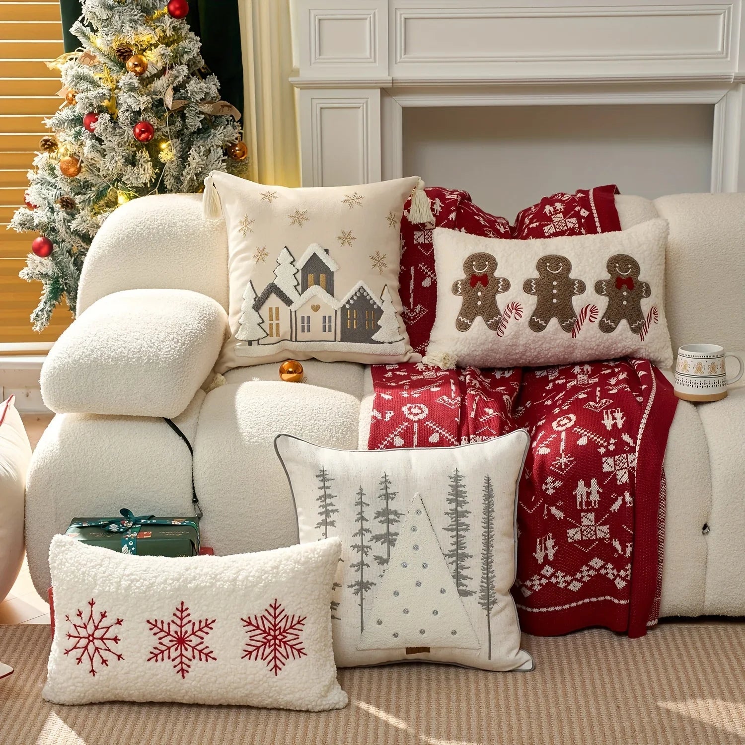 Cotton Throw Pillow Cover - Snowhouse & Tree Design with Golden Stars, Red & White