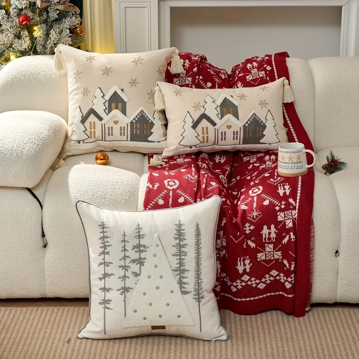 Cotton Throw Pillow Cover - Snowhouse & Tree Design with Golden Stars, Red & White