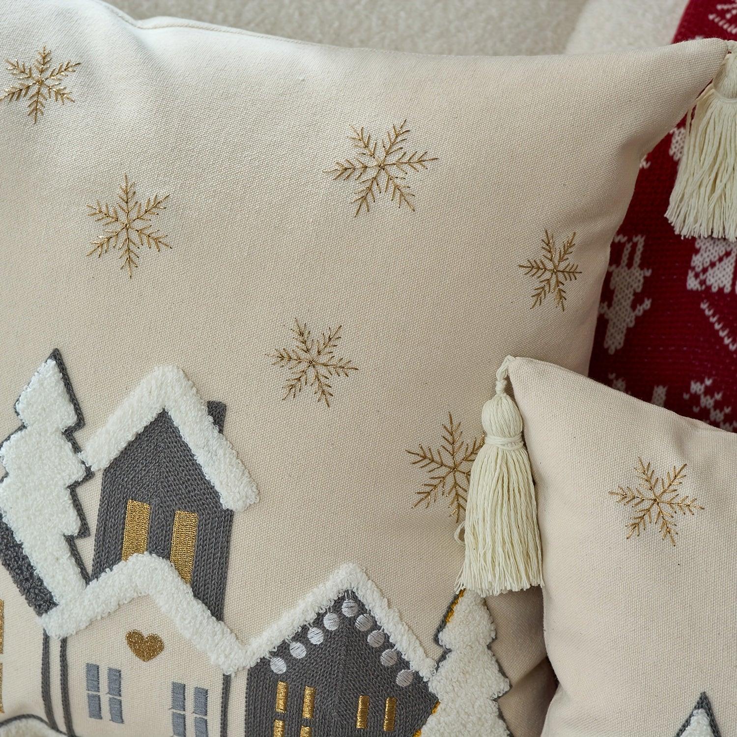 Cotton Throw Pillow Cover - Snowhouse & Tree Design with Golden Stars, Red & White
