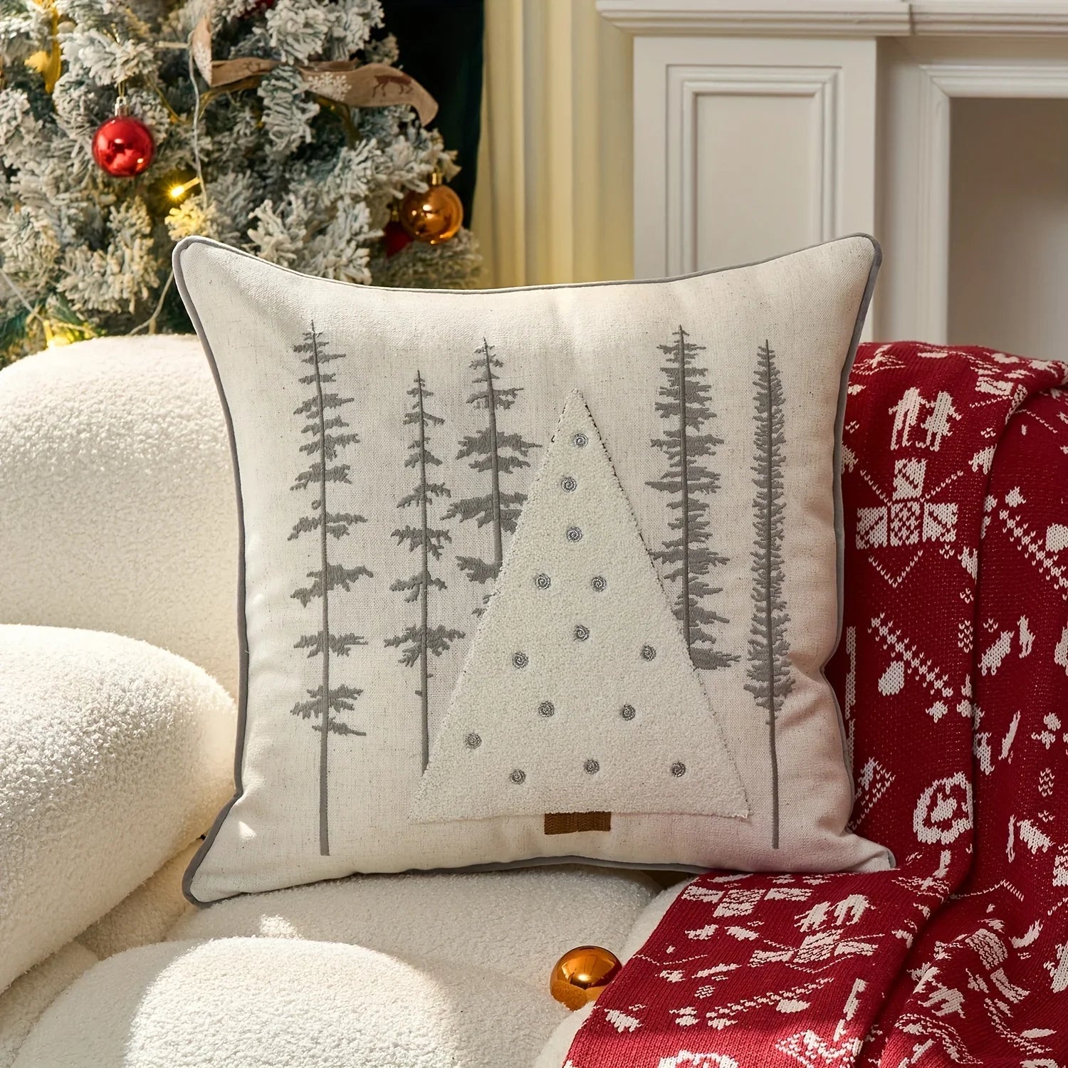 Cotton Throw Pillow Cover - Snowhouse & Tree Design with Golden Stars, Red & White