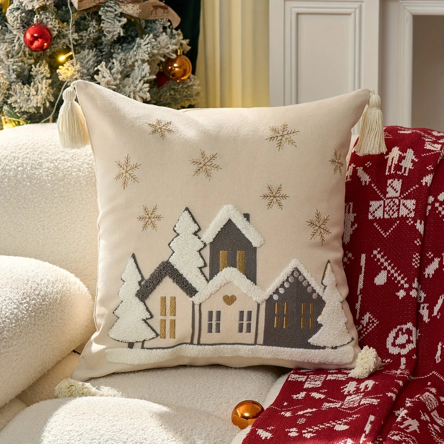 Cotton Throw Pillow Cover - Snowhouse & Tree Design with Golden Stars, Red & White