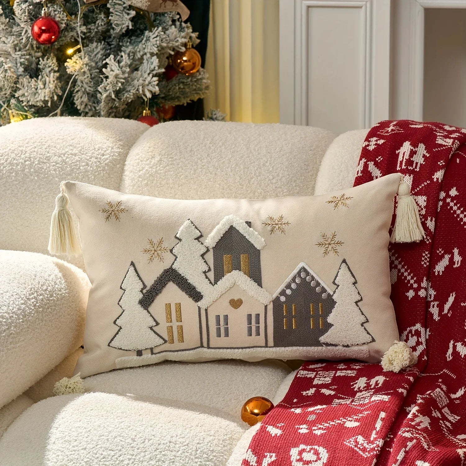 Cotton Throw Pillow Cover - Snowhouse & Tree Design with Golden Stars, Red & White