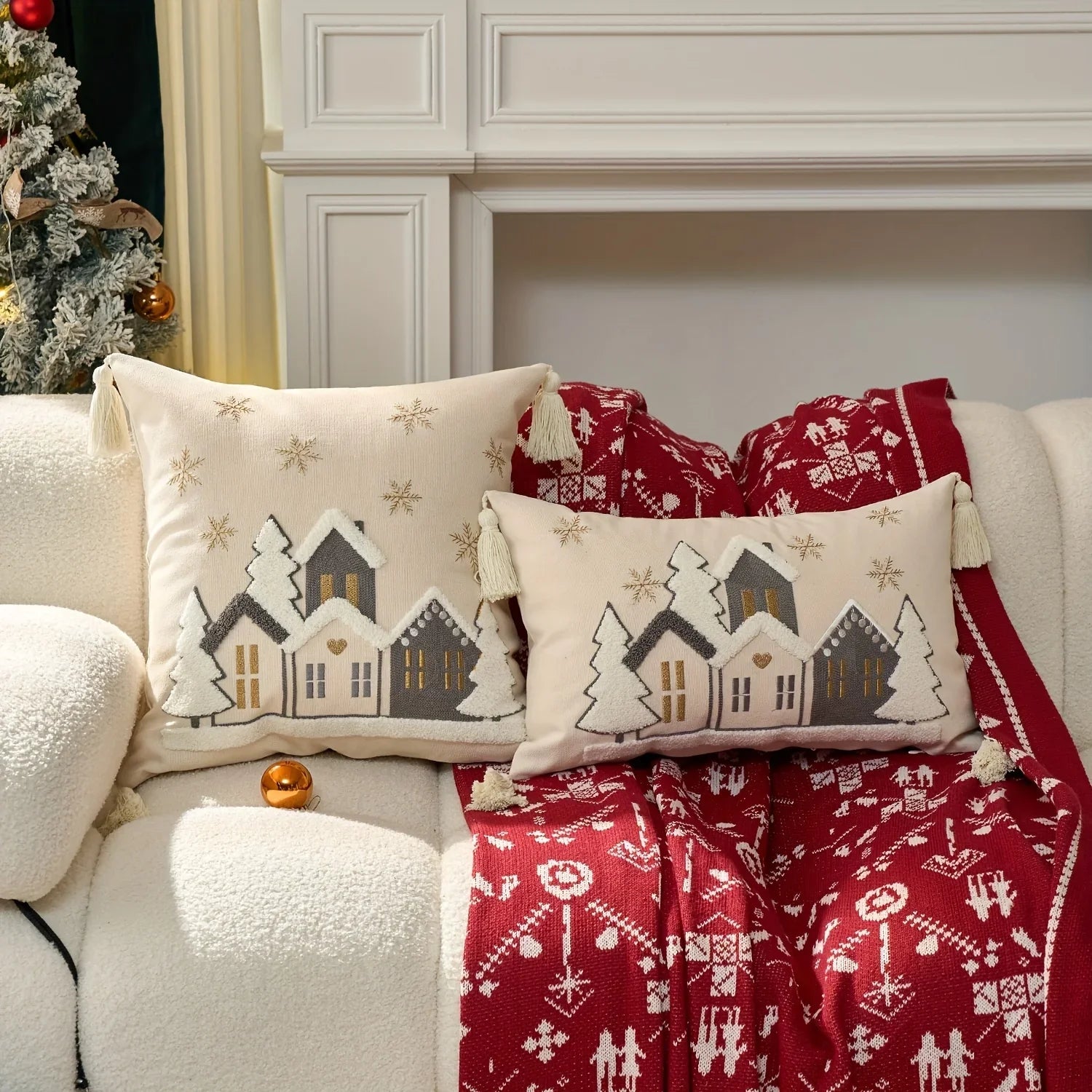 Cotton Throw Pillow Cover - Snowhouse & Tree Design with Golden Stars, Red & White